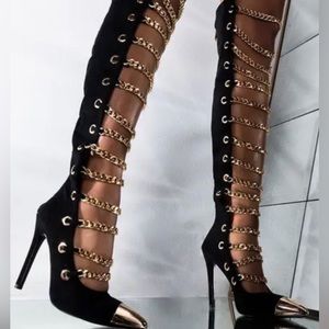 Azalea Wang Knee High Gold Chain Boots Sz. 8.5